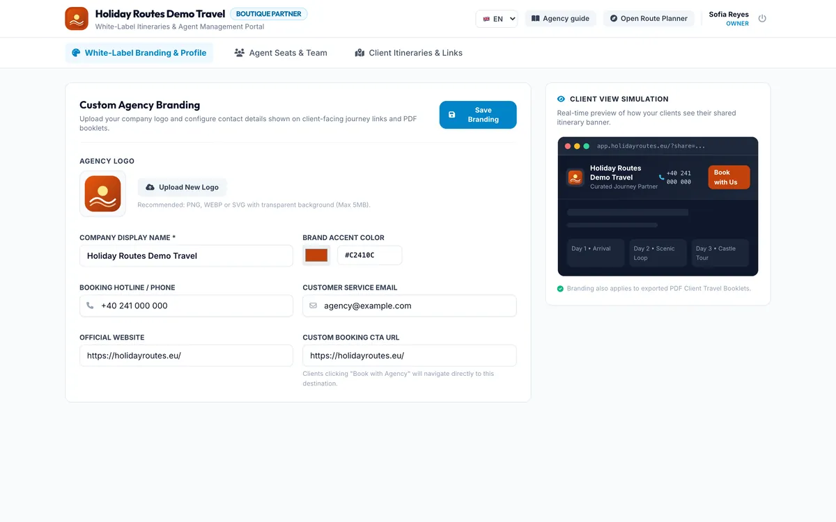 Agency branding settings with live client preview