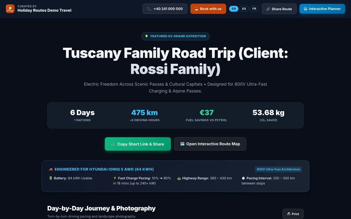 Client travel page curated by an agency, with the agency logo, phone number and Book with us button