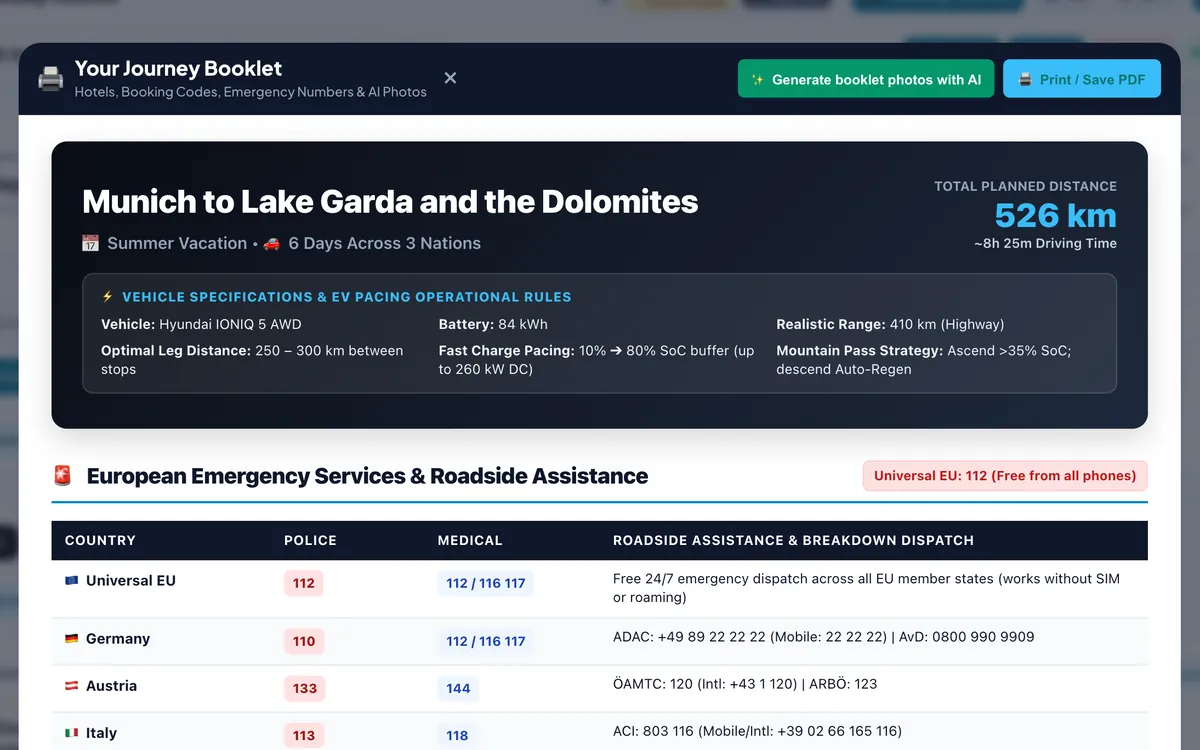 Trip booklet with the trip summary and the European emergency services table