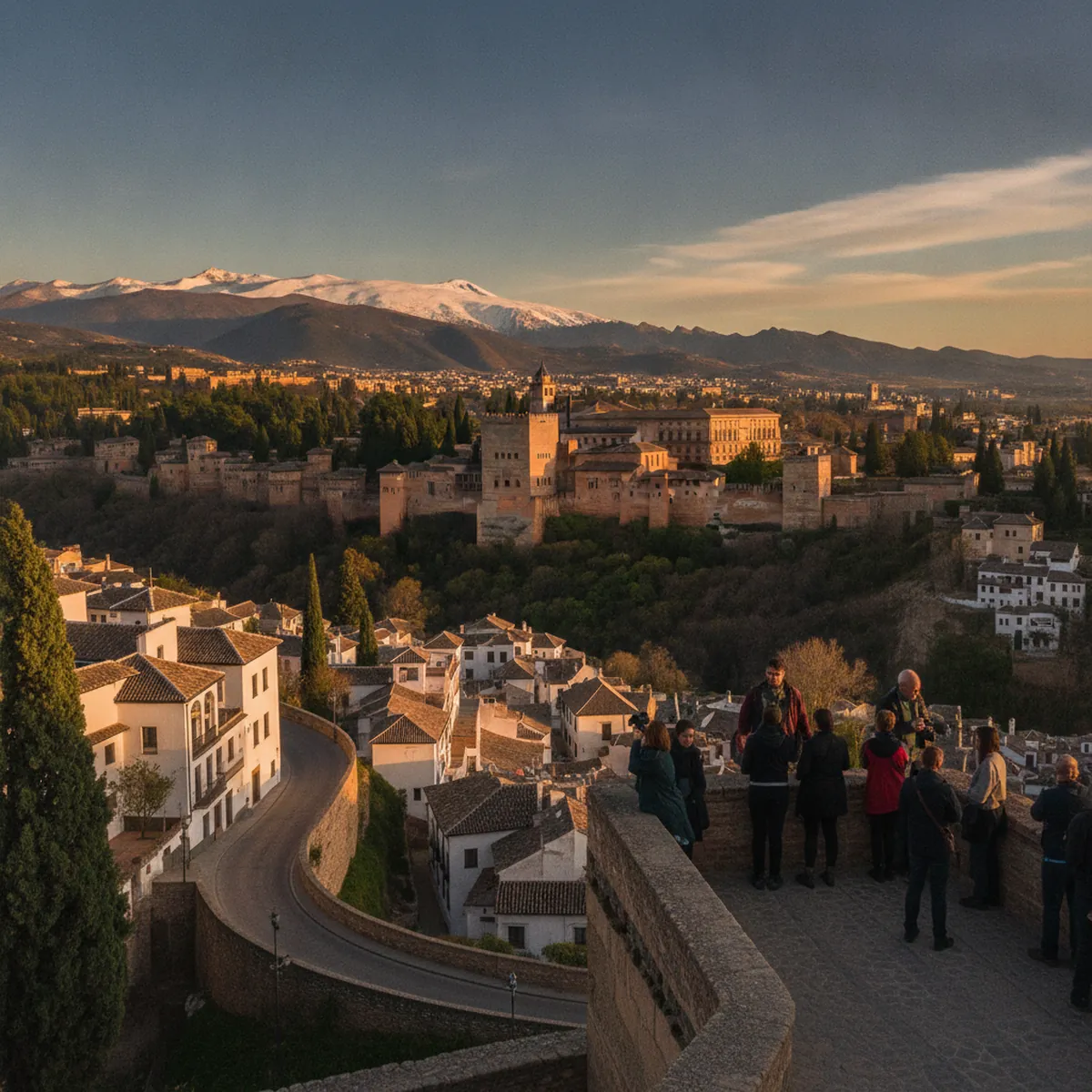 The Alhambra glowing at sunset above Granada, with the snowy Sierra Nevada behind and people on a viewpoint terrace