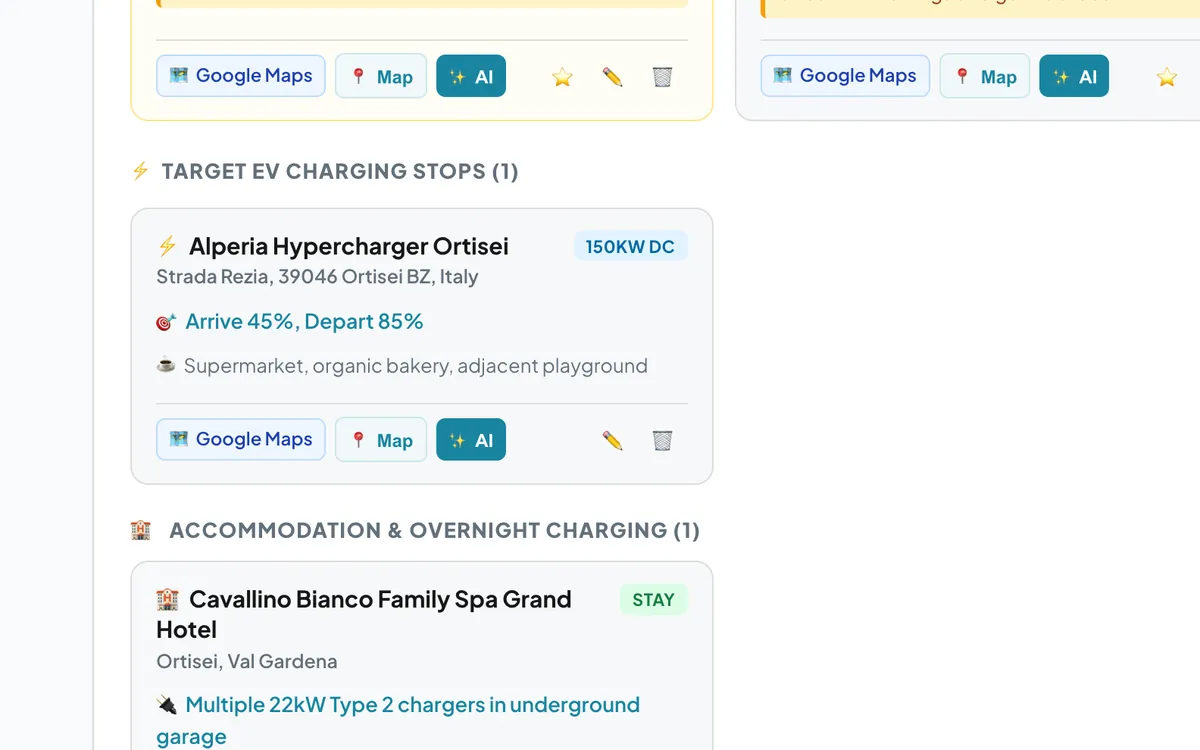 A driving day in Holiday Routes with a fast-charging stop showing arrival and departure battery levels