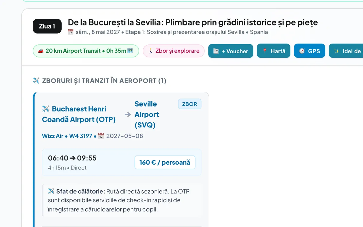 Prima zi dintr-o călătorie fly & drive cu zborul și linkul pentru mașina de închiriat