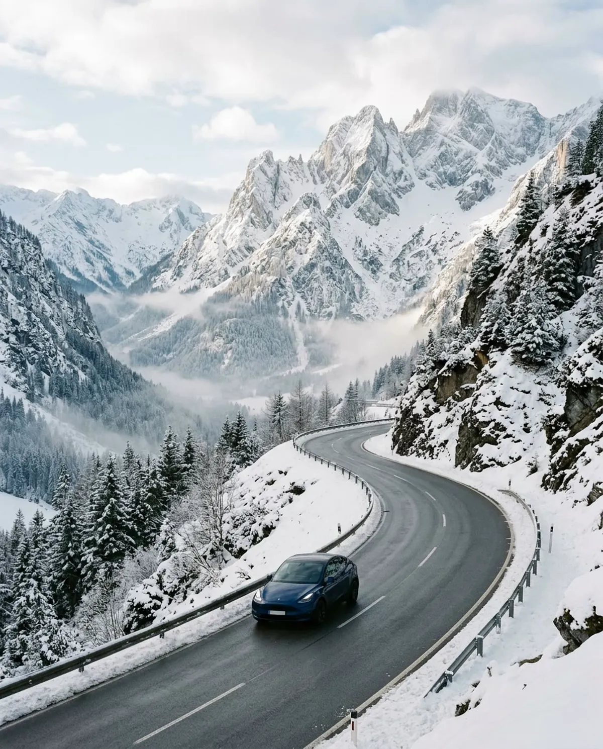 Snow-covered Alpine road through mountain peaks in Austria in winter
